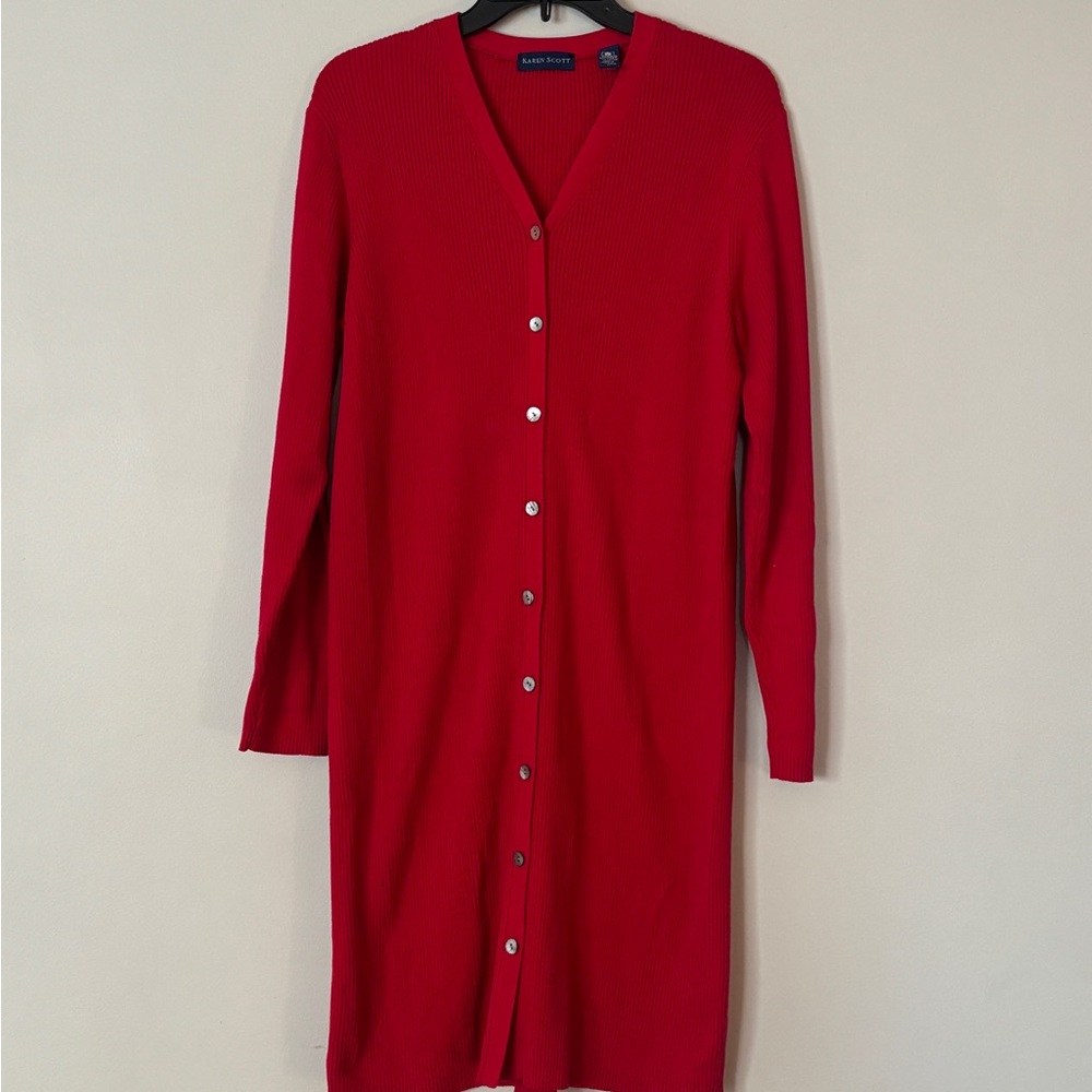 Karen Scott Red Long Sleeve Button-Front Knit Dress